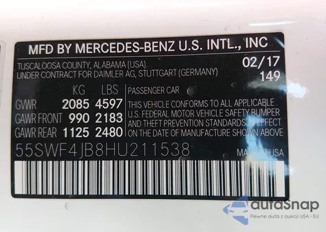 2017 Mercedes-Benz C 300 z USA, uszkodzony, nr VIN 55SWF4JB8HU211538